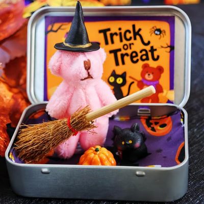 Halloween Bear in a Box for Trick or Treat,Teddy Bear in a Box for Trick or Treat - Miniature Witcher,Handmade Witch Teddy Bear in Box, with Witch Wizard Blanket Broom Cape Pumpkin & Cat (Pink)