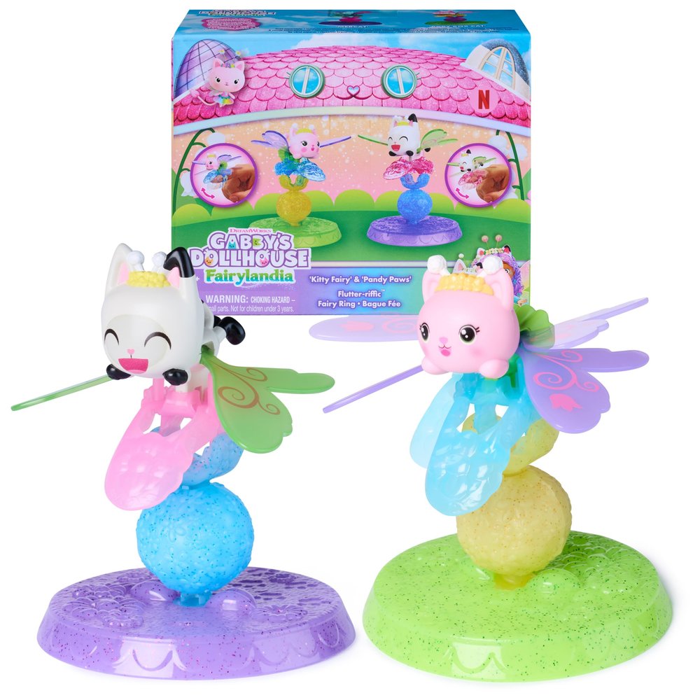 Gabby's Dollhouse Fairylandia, Kitty Fairy & Pandy Paws Flutter-riffic Fairy Rings 2-Pack with Display Stands, Kids Toys for Girls & Boys Ages 3 and Up