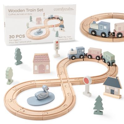 Comfy Cubs 30-Piece Wooden Train Set for Toddlers Ages 1+, Fun & Eco Friendly Toddler Train Set with Wooden Toy Tracks - Creative Toy Town Promoting Imaginative Play with Flexible Configuration