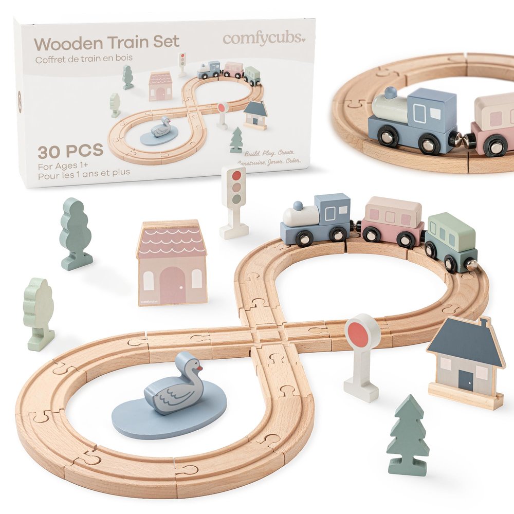 Comfy Cubs 30-Piece Wooden Train Set for Toddlers Ages 1+, Fun & Eco Friendly Toddler Train Set with Wooden Toy Tracks - Creative Toy Town Promoting Imaginative Play with Flexible Configuration