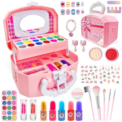 Kids Makeup Kit for Girl, 50PCS Safe and Washable Real Play Make Up Set, Beauty Vanity Set Cosmetic Case with Mirror, Princess Dress up Toys Birthday Gifts for Girls 4 5 6 7 8 9 10 11 12 Year Old