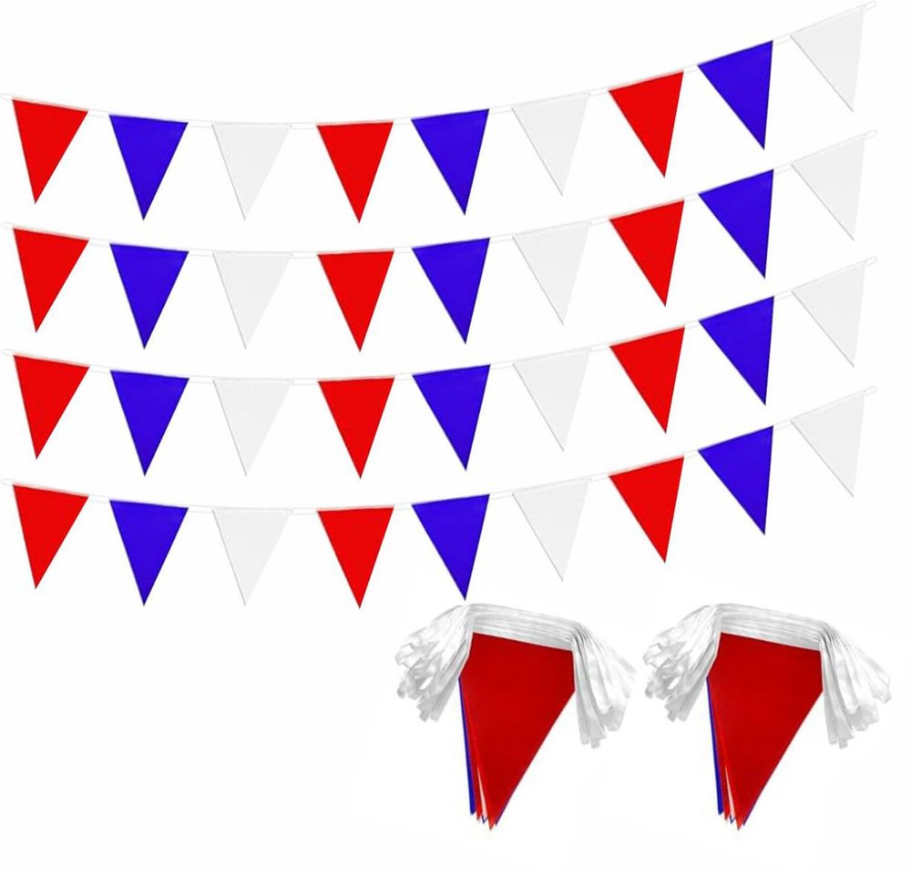 2 Pack Red Blue White Pennant Banner Flags String Triangle Bunting Flag for 4th of July Grand Opening Wedding Kids Birthday Baby Shower Outdoor Garden Hanging Decorations 60 Feet 60 pcs