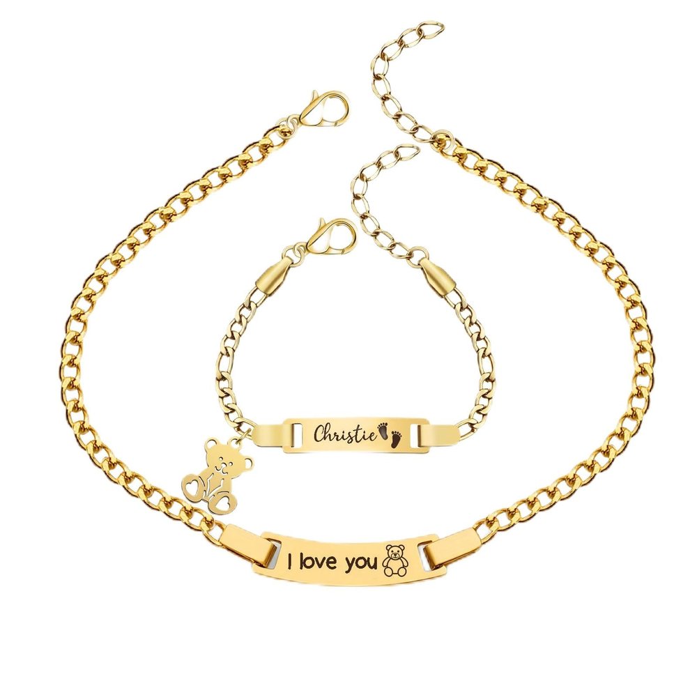 free-space Personalized Bracelet for Children Custom Engraving Name/Birth Date/Stainless Steel Back to School Bracelets Gift for Kids Boy&Girl (Necklace&Bracelet)