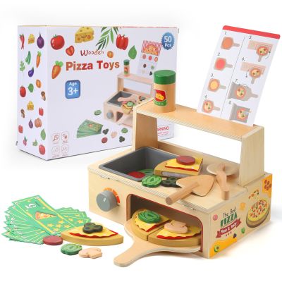50PCS Wooden Pizza Toy, Pizza Counter Playset with Bake Oven, Kitchen Play Food and Accessories for Kids, Montessori Pretend Play Toys for Boys Girls Age 3+