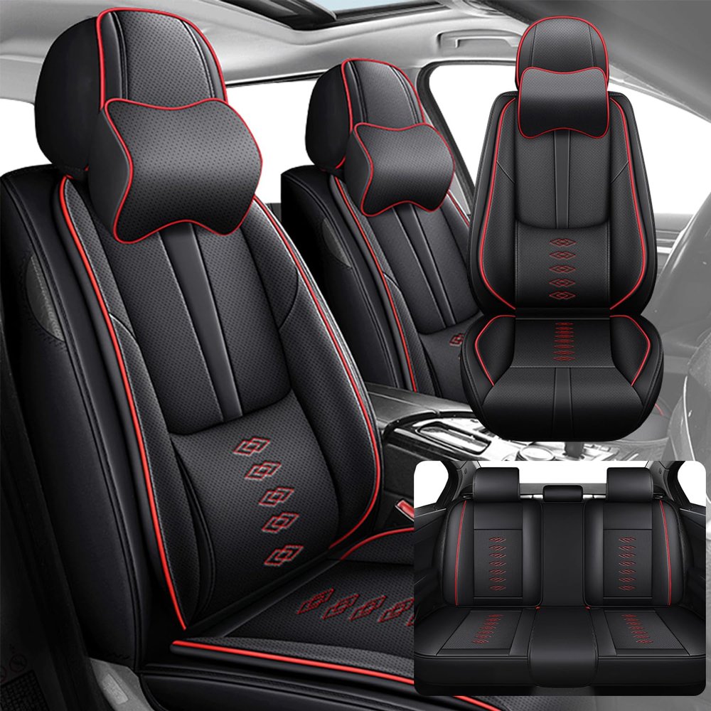 SOUIPA Car Seat Covers 5 Seats Fit for Mercedes-Benz G-Class 2000-2025,Waterproof Leather Seat Covers,Airbag Compatible,Car Seat Protectors Interior Sets(5PCS with Pillows,Black&Red)