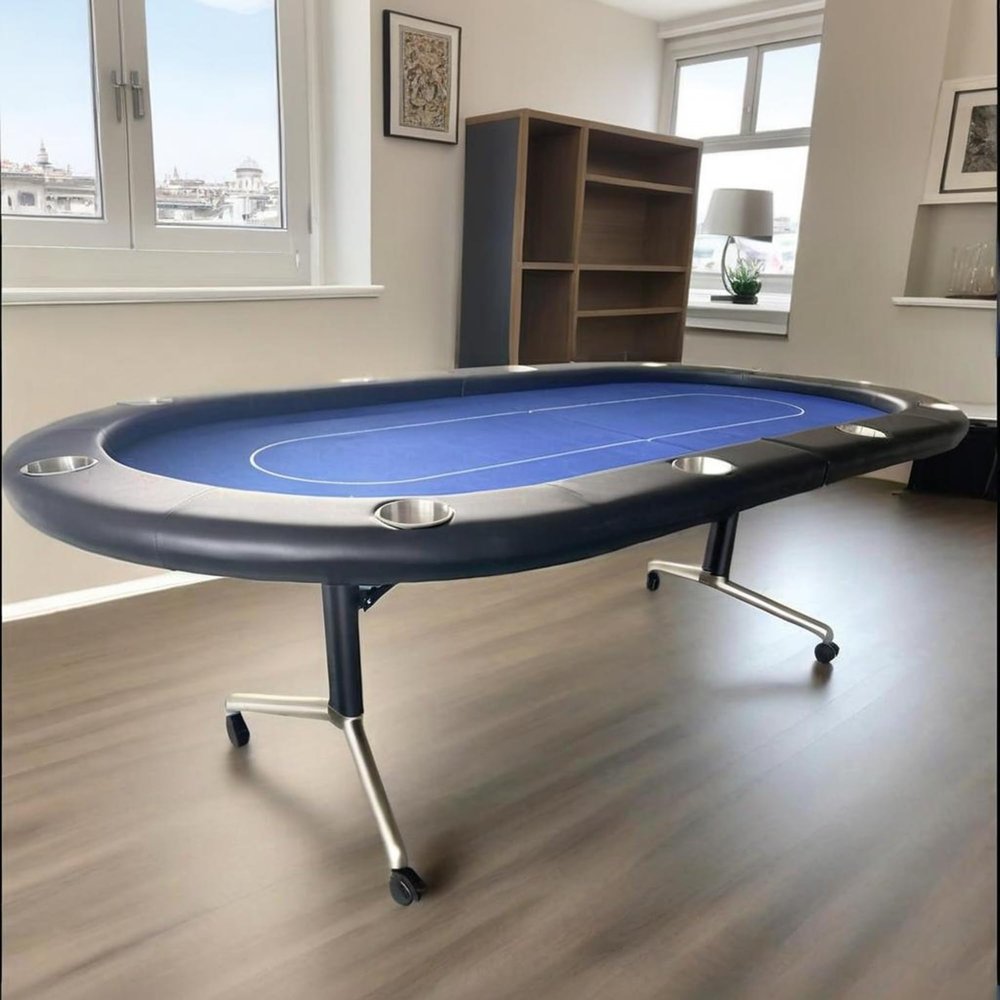 INO Design Foldable Poker Table for 10 Players 94 Inches Casion Game Style with Scroll Wheels, Blue