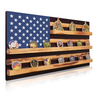 ASmileIndeep Solid Wood American Flag Challenge Coin Holder Wall Display Case, 3-Row Military Coin Holder Display for 30 Military Coins, Ideal Shelf for Collectible Coins,Burnt Color