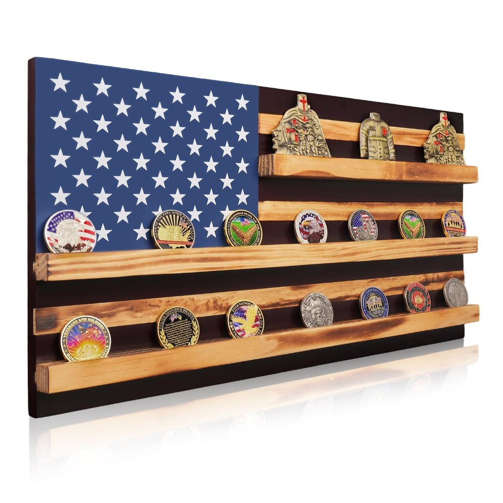 ASmileIndeep Solid Wood American Flag Challenge Coin Holder Wall Display Case, 3-Row Military Coin Holder Display for 30 Military Coins, Ideal Shelf for Collectible Coins,Burnt Color
