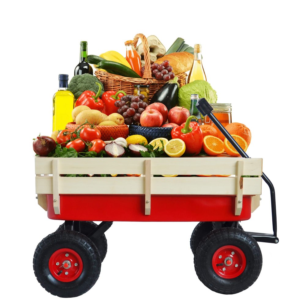 Outdoor All-Terrain Wagon with Wood Railing & Air Tires, Heavy-Duty Steel Frame, 176lbs Capacity, Foldable Handle, Removable Sides  Perfect for Kids, Gardening, Picnics & Camping