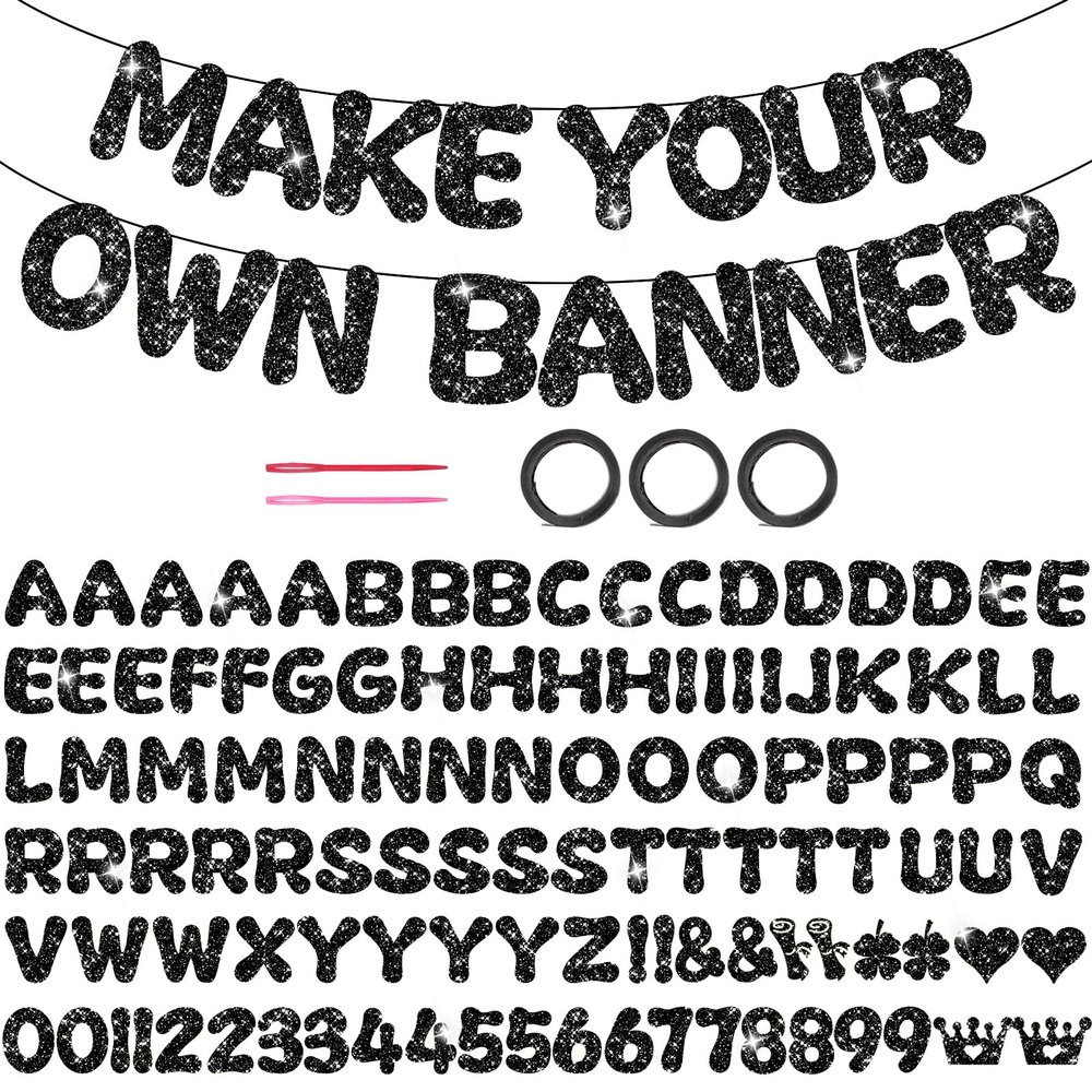 116PCS DIY Banner Customizable Birthday Banners Graduation Banner Custom Party Hanging Banner 111 Letters and Numbers, 3 Rope, 2 Threading Devices for Graduation Black