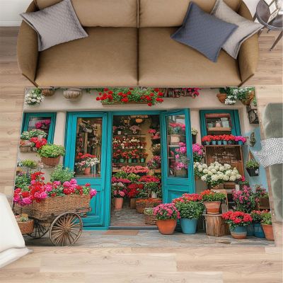 HYGIUID Italian Scenery Area Rug 5x6 - Flower Shop Area Rugs for Kitchen, Floral Garden Bedroom Area Rug Kids Low Pile Rug for Indoor Outdoor Hardwood Floors Home Decor
