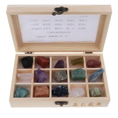 15Pcs Natural Stones Rocks & Mineral Science Kit Geology Learning Tool with Wooden Box