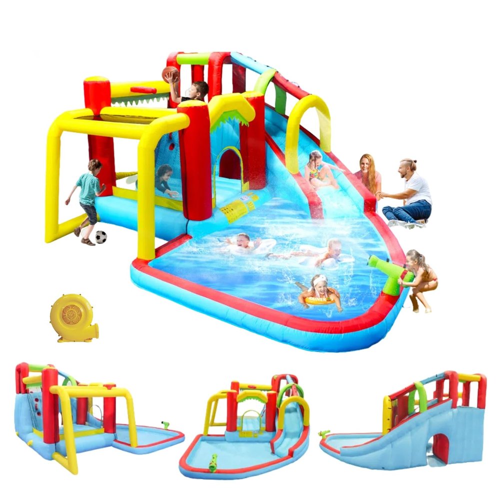 7-in-1 Inflatable Water Park Bounce House with Slide, Splash Pool, Climbing Wall, Basketball & Soccer - Large 14.7ft Kids Outdoor Jumping Castle for Backyard