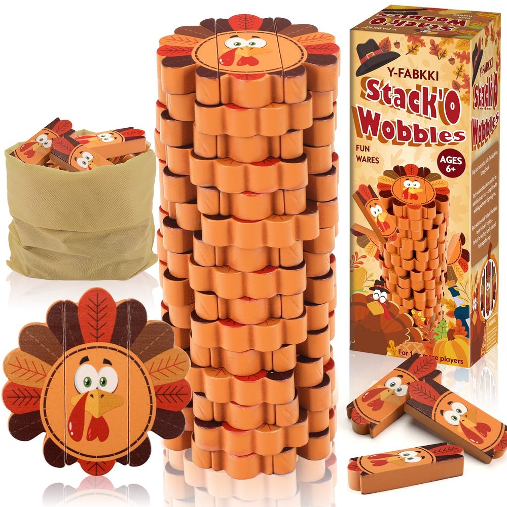 Y-FABKKI Thanksgiving Wooden Blocks Stacking Games, Turkey Theme Tumbling Tower and Balance Game for Adults, Kids, and Family Party, Stacking Board Toy with Storage Bag, Fall Party Activities Gifts