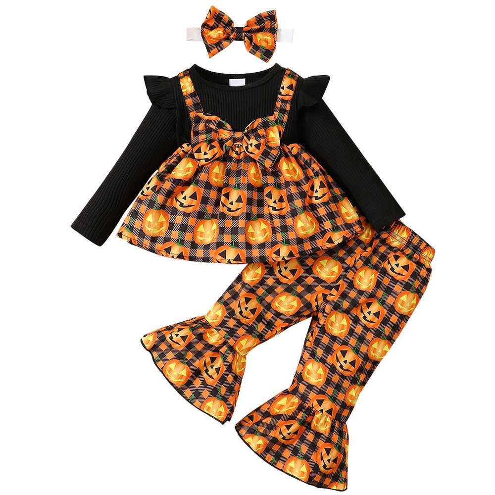 ABCRR Baby Girl Halloween Outfit 3PCS Pumpkin Print Top Bell Bottom Pants and Headband Set (Black, 12-18 Months)