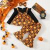 ABCRR Baby Girl Halloween Outfit 3PCS Pumpkin Print Top Bell Bottom Pants and Headband Set (Black, 12-18 Months) view 2