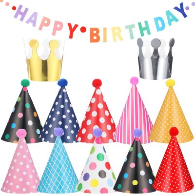 12 PCS Birthday Party Hats Kit: Birthday Hats, Happy Birthday Banner, Pom Poms & Crowns - Colorful Party Supplies Decorations for Kids, Adults, Pet