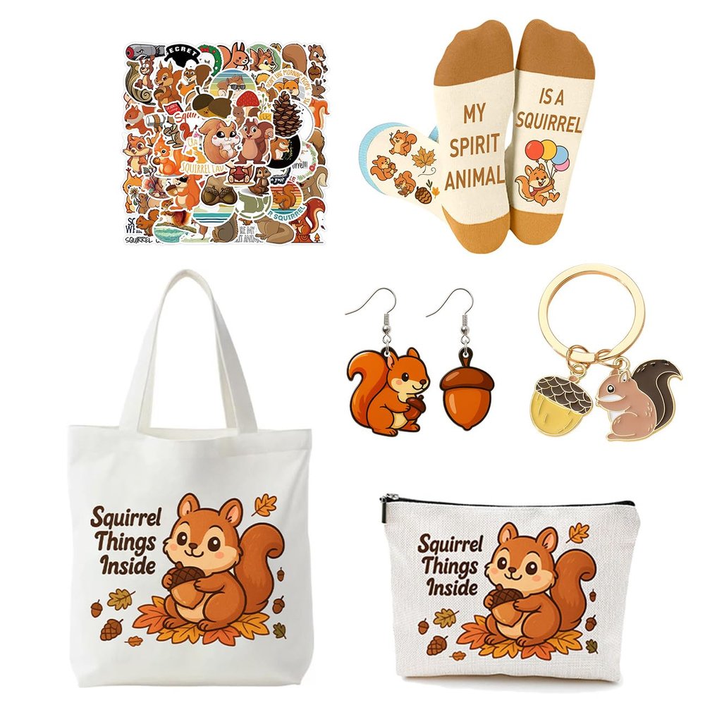Squirrel Gifts Set Includes Squirrel Funny Gifts Sock, Makeup Bag, Stickers,Earrings (squirrel-SET B)