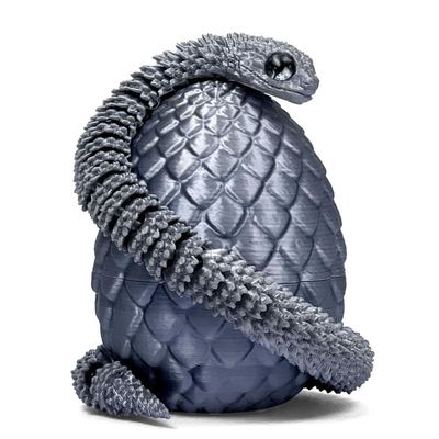 3D Printed Snake with Egg - 11.8 Inch Flexible Toy Snake Inside 3.2 Inch Egg, Realistic 3D Printed Animals, Cute Desk Decor for Kids and Collectors (Silver)
