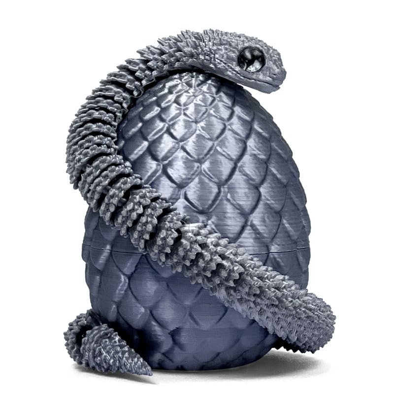 3D Printed Snake with Egg - 11.8 Inch Flexible Toy Snake Inside 3.2 Inch Egg, Realistic 3D Printed Animals, Cute Desk Decor for Kids and Collectors (Silver)