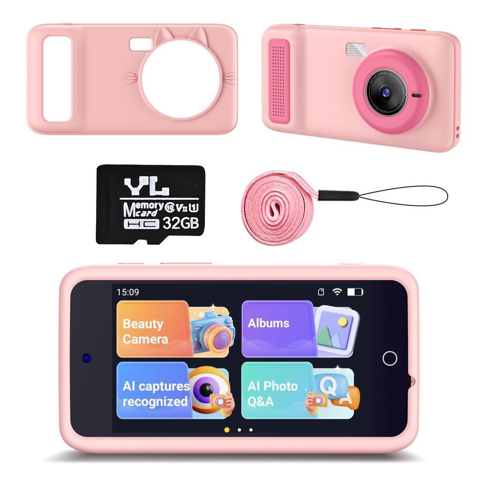 AI Digital Camera for Kids with WiFi for Christmas Birthday Gift for Girls BoysTouch Screen HD Camera for Home Travel Garden,Kids Toys for 4 5 6 7 8 9 10 11 12 with 32GB SD Card Pink