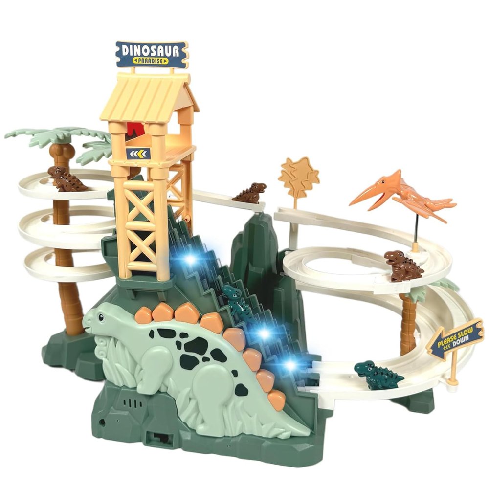 Dinosaur Chasing Race Track, Dinosaur Climbing Slide Toy, Electric Dinosaur Roller Coaster with Light and Music Electric Race Track Game Fun Track Slide