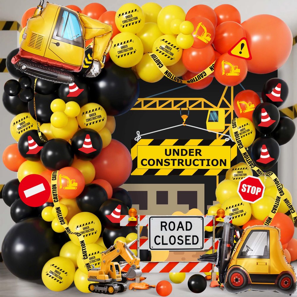 102pcs Construction Birthday Party Decorations Balloon Garland Arch Kit with Foil Excavator & Forklift, 18/12/10/5 Inch Orange Black Yellow Caution Sign Printed Latex for Boys 2nd 3rd Bday
