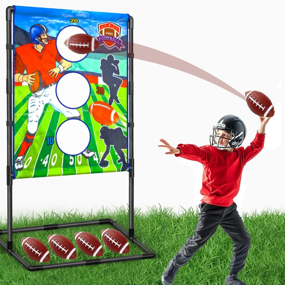 2025 New Upgrade Metal Football Toss Game with 4 Inflatable Balls Throwing Target Games Football Gifts for Boys 8-12, Target Practice for Kids Ages 3+ Sports and Outdoors Toys for Family Fun Play