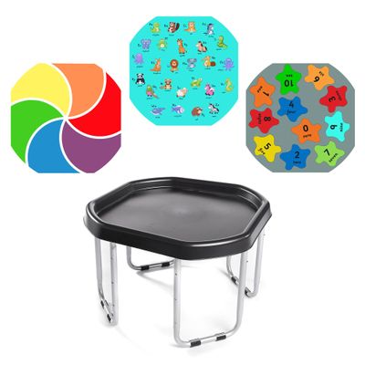 MEKA Tuff Tray and Stand with 3 Play Mats, Sensory Table for Kids with Alphabet, Numbers, and Color Themes, Indoor Outdoor Play Table for Home or Classroom ((Black, Small 28" x 28"))