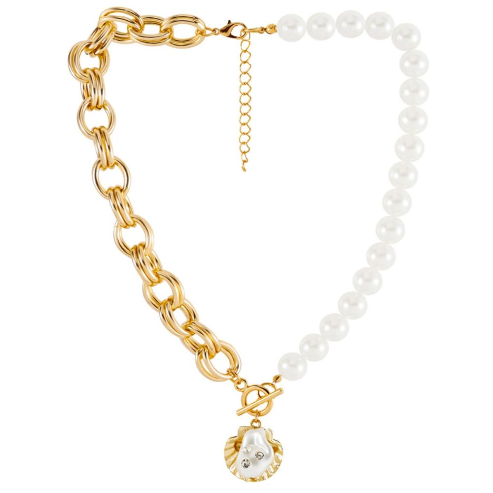 Bohemian Pearl Patchwork Shell Pendant Necklace,golden,46+6.5cm