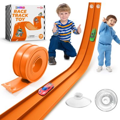 Flexible Race Car Track 15 Ft Starter Set with Suction Cups, Rolls Up Portable Race Track Compatible with Diecast 1/64th Car, Suitable for Home, Beaches, Parks, and Lawn