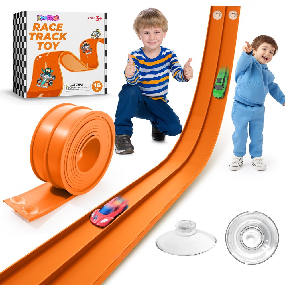 Flexible Race Car Track 15 Ft Starter Set with Suction Cups, Rolls Up Portable Race Track Compatible with Diecast 1/64th Car, Suitable for Home, Beaches, Parks, and Lawn