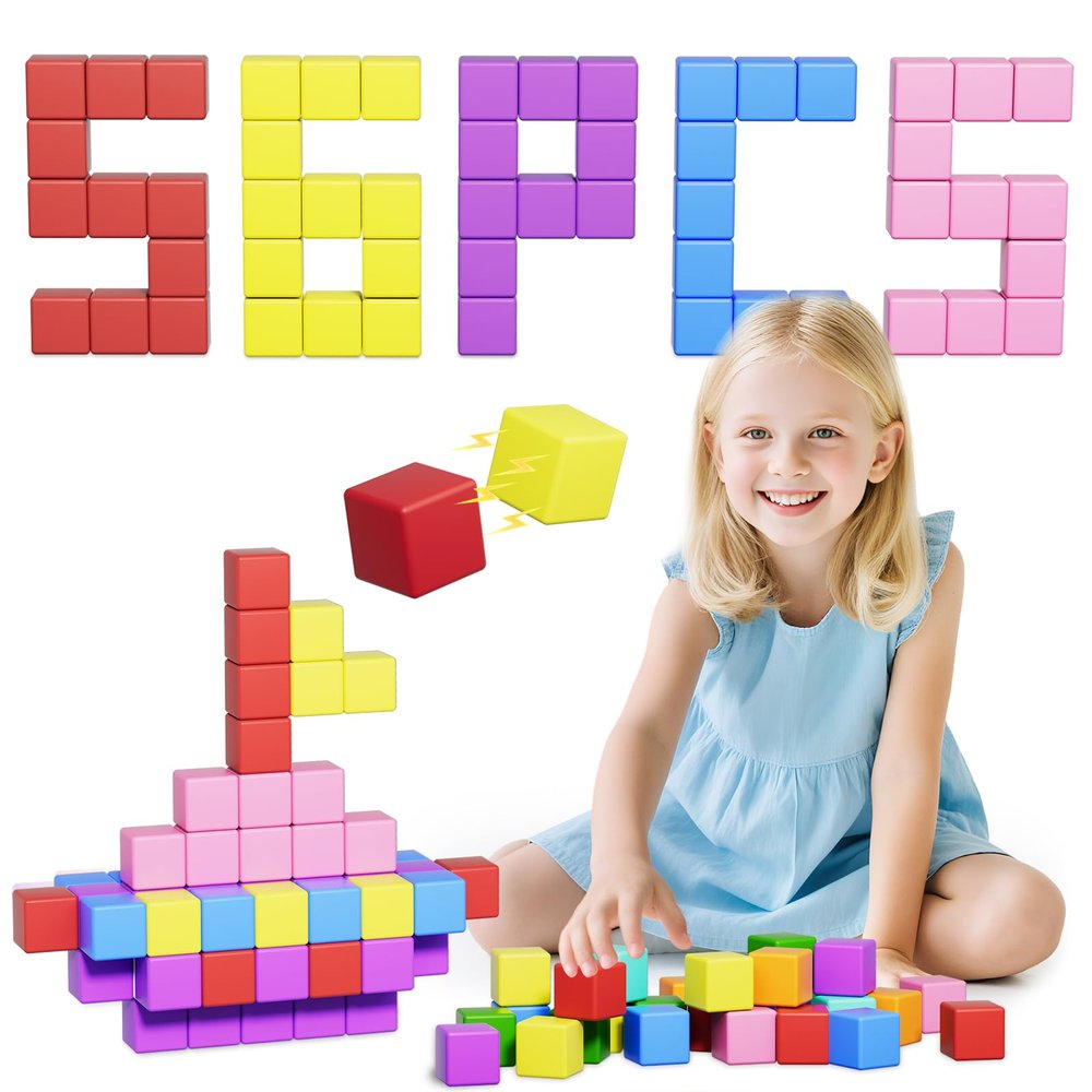 Veneibe Magnetic Blocks Large, 56PCS 1.42in Magnetic Building Blocks for Kids Ages 4-8, STEM Sensory Travel Autism Montessori Toys for Toddlers, Learning Construction Magnetic Cubes for Birthday Gift