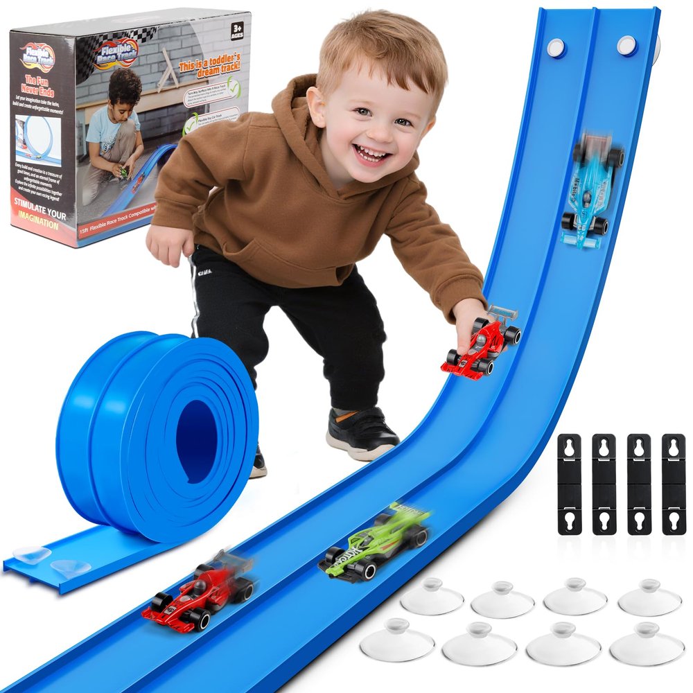 Flex Track 15 Ft Starter Set,Double-Sided Racetrack for 1:64 Diecast Cars Toys for Kids Blue Long Rolls Up Portable Racetrack with 4 Cars & 8 Suction Cups