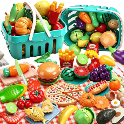 KONYXALU 120 PCS Play Food Sets for Kids Kitchen - Pretend Toys with Fruits, Vegetables, Meat, 2 Baskets & Mat- Educational Toys for 3 4 5 Year Old Boys & Girls - Ideal Gift for Christmas & Birthday