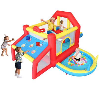 Anypool 9 in 1 Inflatable Bounce House Kid Trampoline with Tall Slide, Ball Pit Pool, Skill Soccer, Throwing Sandbags Game, for Home Party or Outdoor Ages 3-10 with 520W Blower 190"x138"x76"