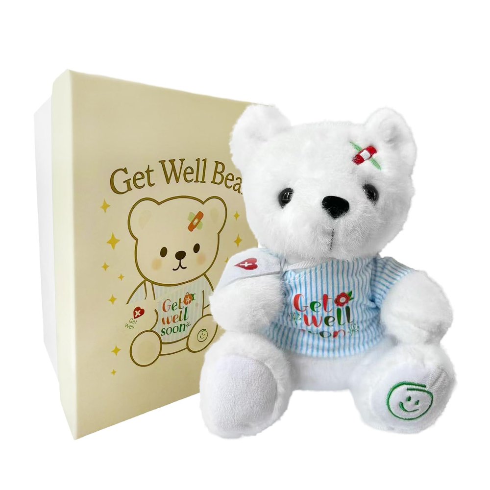 Ziyutam Get Well Soon Stuffed Animal, Get Well Bear Plush with Gift Box for Kids, Soft White Teddy Bear Gifts for Boy and Girl, Cute Recovery Stuffed Animal
