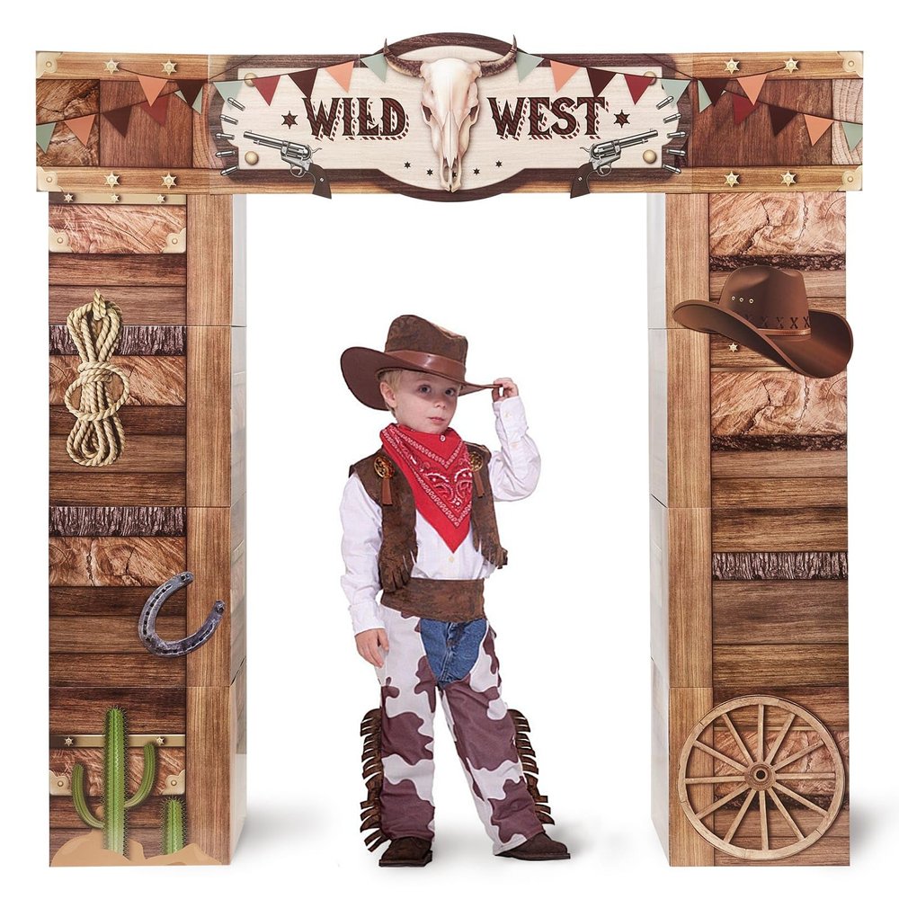 WERNNSAI 14 PCS Western Party Decorations - West Cowboy Cardboard Castle Playhouse Large Wild West Cardboard House with Arch Easy Castle for Kids Boys Birthday Baby Shower Party Decor 55" x 58.2"