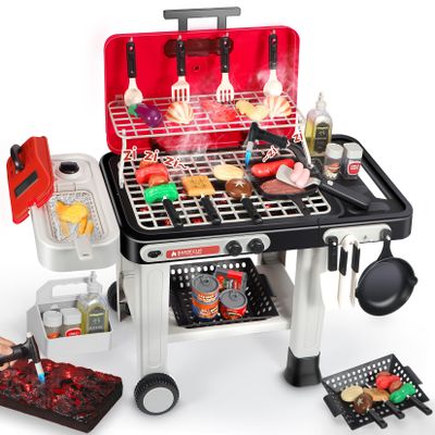 DRAMATION Kids Play Kitchen Toys, Kids BBQ Grill Playset with Smoke, Sound and Light, 2-Layer Toy Grill Cart, Outdoor Play Kitchen Toys, Toddler Cooking Set for 1-3 3-5, Gift for Boys Girls Aged 3 4 5