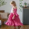fioukiay Little Girls Renaissance Faire Outfit 8 Rose Red 9 Year Girls Medieval Victorian Dress with Floral Elastic Waist view 2