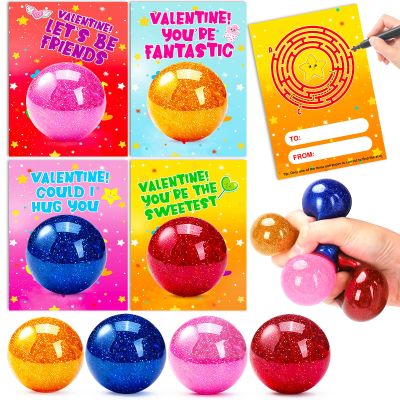 24 Pack Valentines Day Gifts for Kids with Stress Balls Valentines Day Cards for Kids School Stress Relief Squeeze Toys Teens Boys Girls Preschool Toddler Valentine Classroom Exchange Party Favors