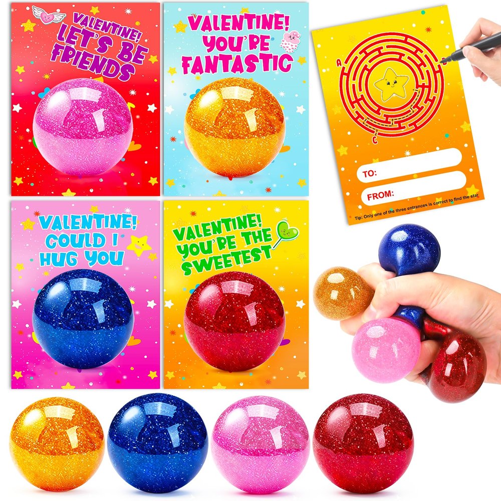 24 Pack Valentines Day Gifts for Kids with Stress Balls Valentines Day Cards for Kids School Stress Relief Squeeze Toys Teens Boys Girls Preschool Toddler Valentine Classroom Exchange Party Favors