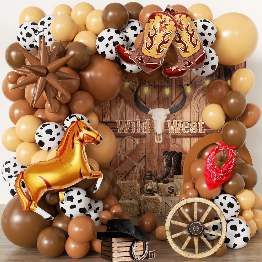 104pcs Western Cowboy Balloon Garland Arch Kit with Foil Horse, Boots & Brown Star, 18/12/10/5 Inch Coffee Nude Caramel Cow Print Latex for Boy Baby Shower, My First Rodeo Birthday Party