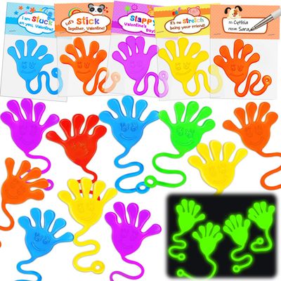 30PCS Sticky Hands with Card Headers Valentines Day Gifts for Kids School Glow Toys Valentine Exchange Cards for Kids Classroom Toddler Boy Girl Valentines Treat Class Party Favors Bulk Prizes