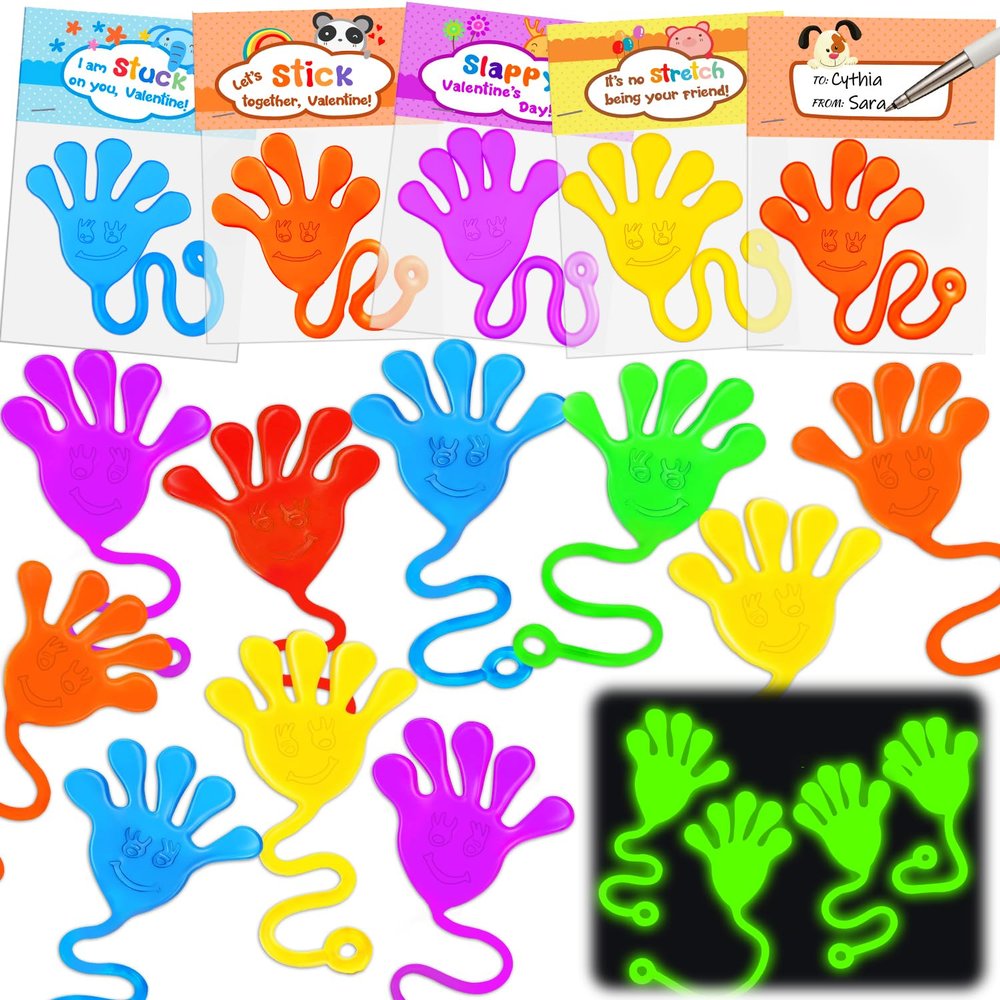 30PCS Sticky Hands with Card Headers Valentines Day Gifts for Kids School Glow Toys Valentine Exchange Cards for Kids Classroom Toddler Boy Girl Valentines Treat Class Party Favors Bulk Prizes