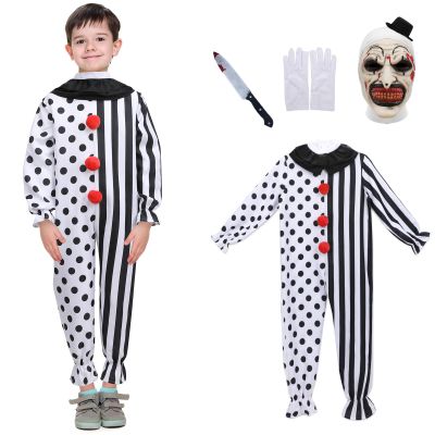 4PCS Kids Scary Clown Costumes, Killer Clown Jumpsuit Outfits with Mask Knife Gloves Halloween Props (Jumpsuit, Large)