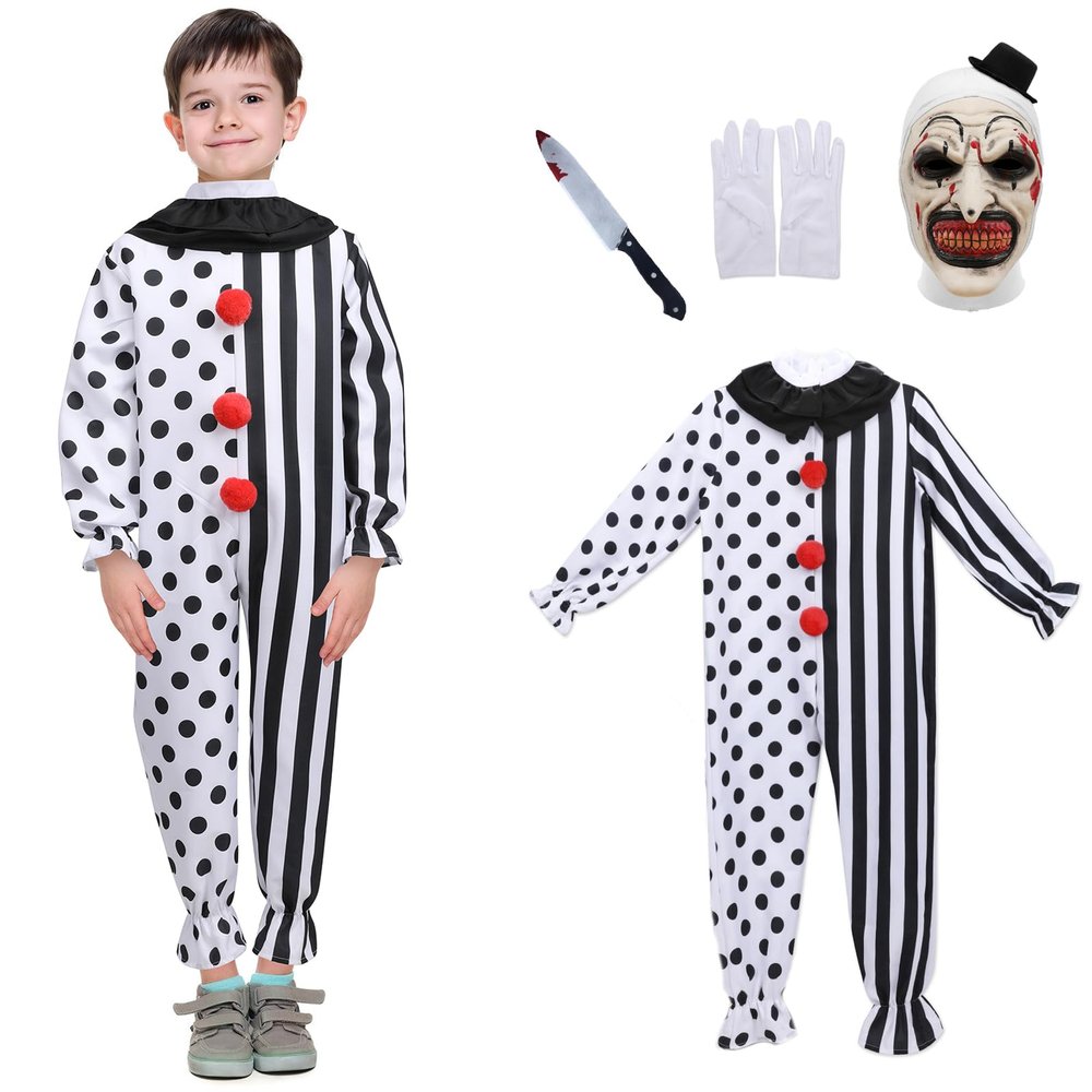 4PCS Kids Scary Clown Costumes, Killer Clown Jumpsuit Outfits with Mask Knife Gloves Halloween Props (Jumpsuit, Large)