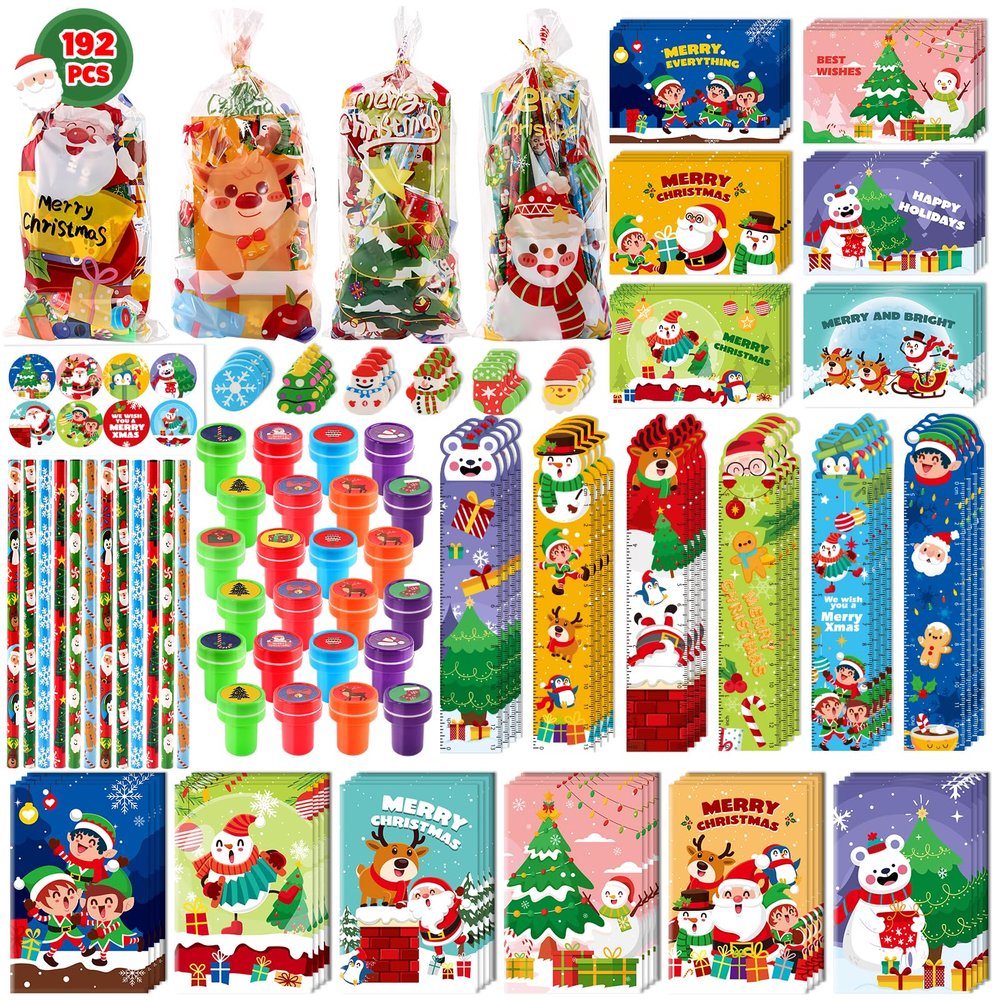 192PCS Christmas Party Favors for Kids, 24 Pack Christmas Stationery Set Xmas School Prizes with Notebooks Pencils Erasers, Xmas Stocking Stuffers for Classroom Gifts Exchange Carnival Events