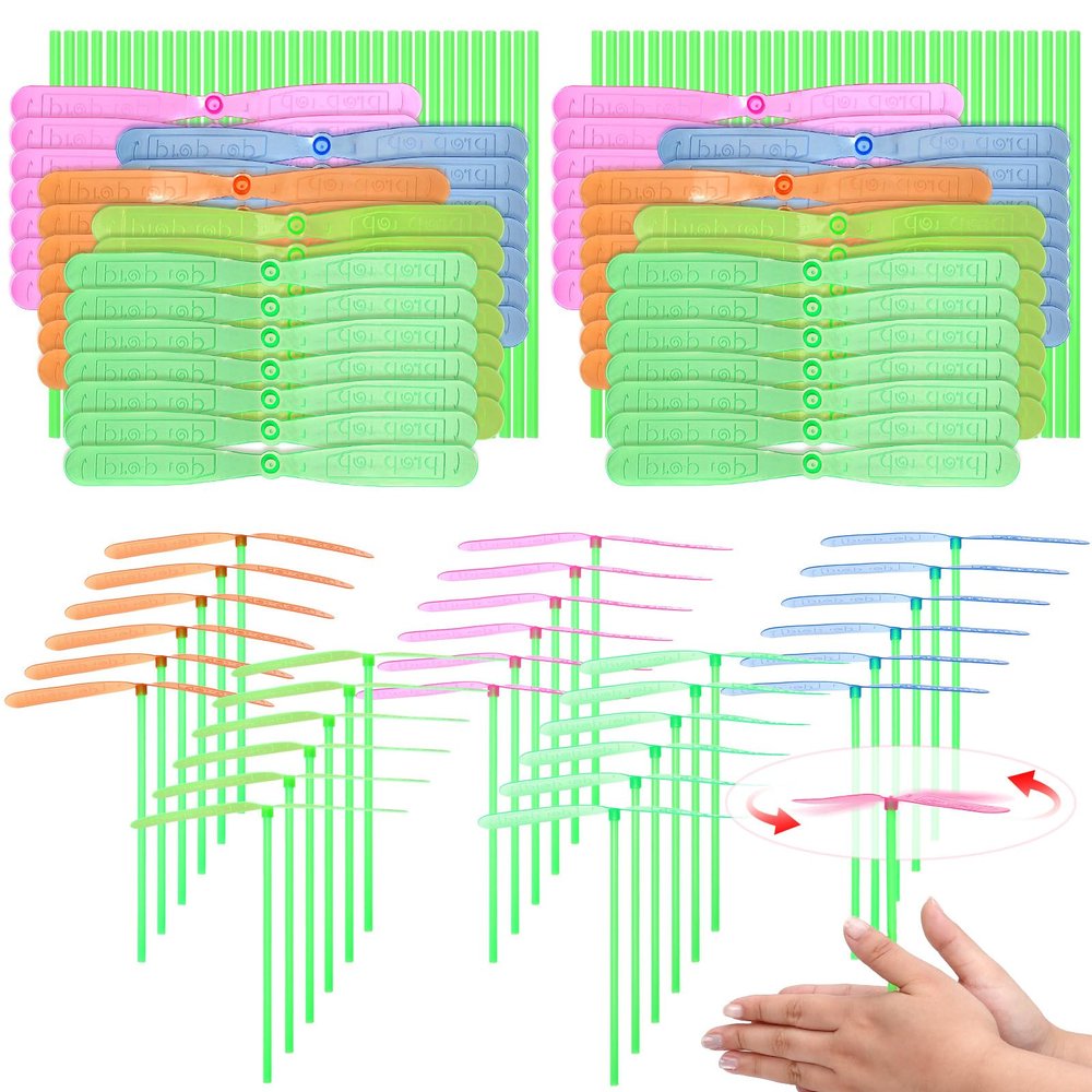 200 Pcs Transparent Color Hand Helicopter Set, 100 Propellers + 100 Rods Flying Helicopter Set, Bamboo Dragonfly Hand Rub Plastic Propeller for Outdoor Activity Children Gifts (Random 3-5 Color)