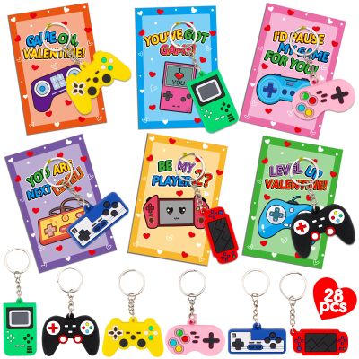 28PCS Video Game Keychains Valentines Day Cards for Kids School Valentine Gifts for Kids Classroom Party Favors Funny Preschool Valentine's Day Exchange Cards for Toddler Class Boy Girl Treat Bulk